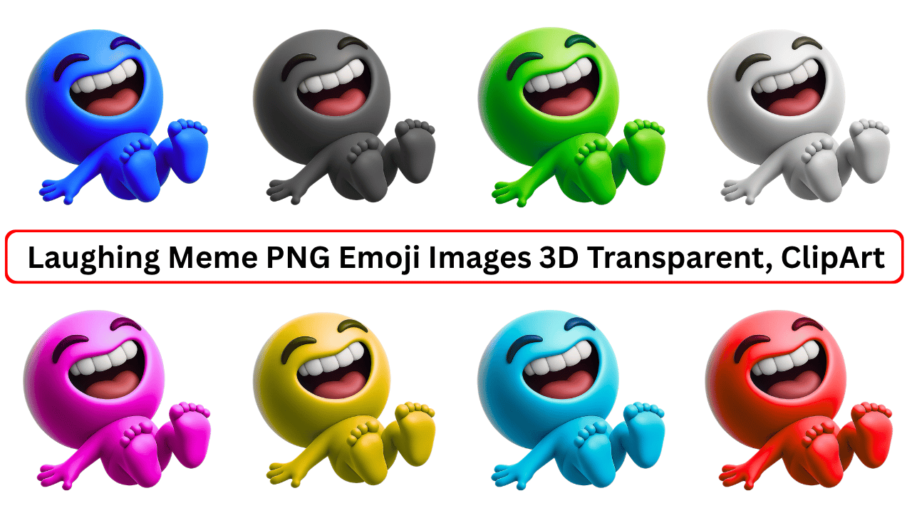 Colorful collection of 3D laughing meme emojis in various vibrant colors with transparent backgrounds, arranged in two rows