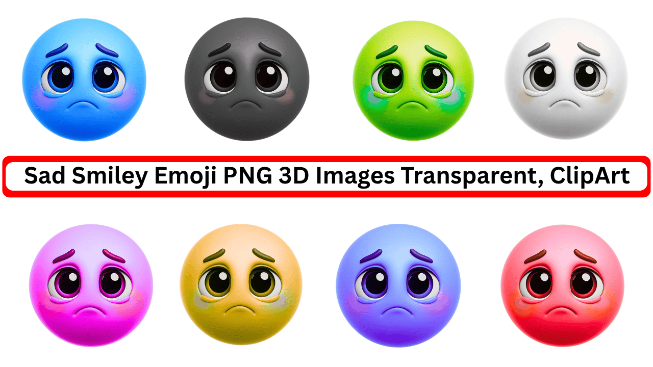 3D sad smiley emoji faces in various colors, transparent PNG clipart for digital use