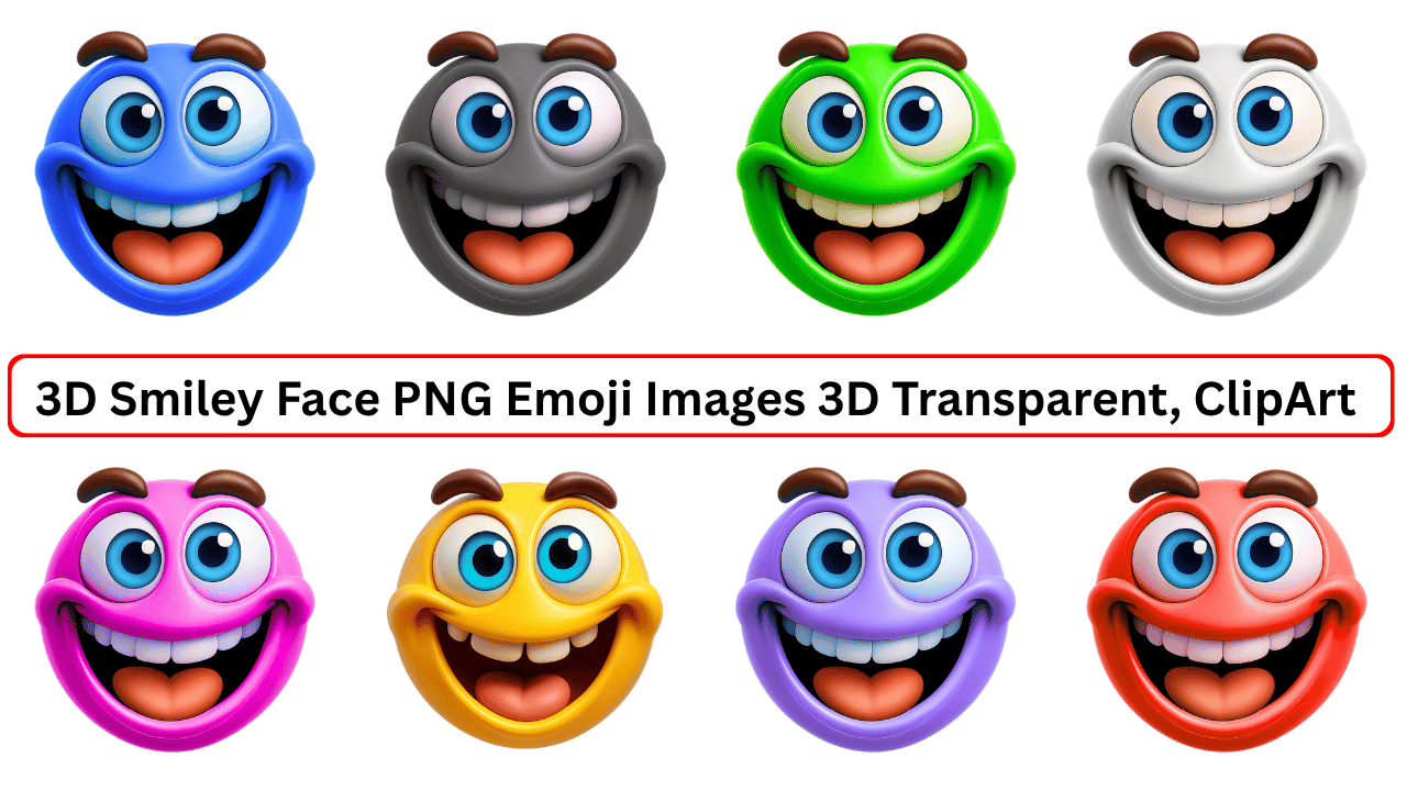 Colorful 3D smiley face emoji clipart pack in PNG format with transparent background featuring 8 different expressions and colors.