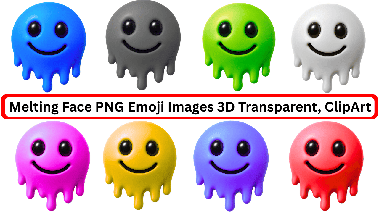 Colorful 3D melting face emoji PNGs in vibrant shades, transparent background clipart for design use.