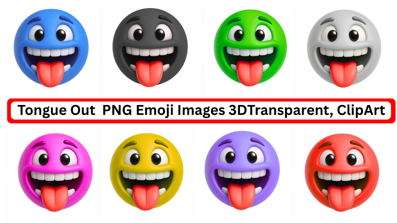 Colorful 3D tongue out emojis pack with various expressions and vibrant emoji faces