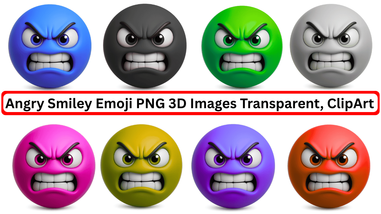 Colorful 3D angry smiley emoji PNG set with transparent background for design and clipart