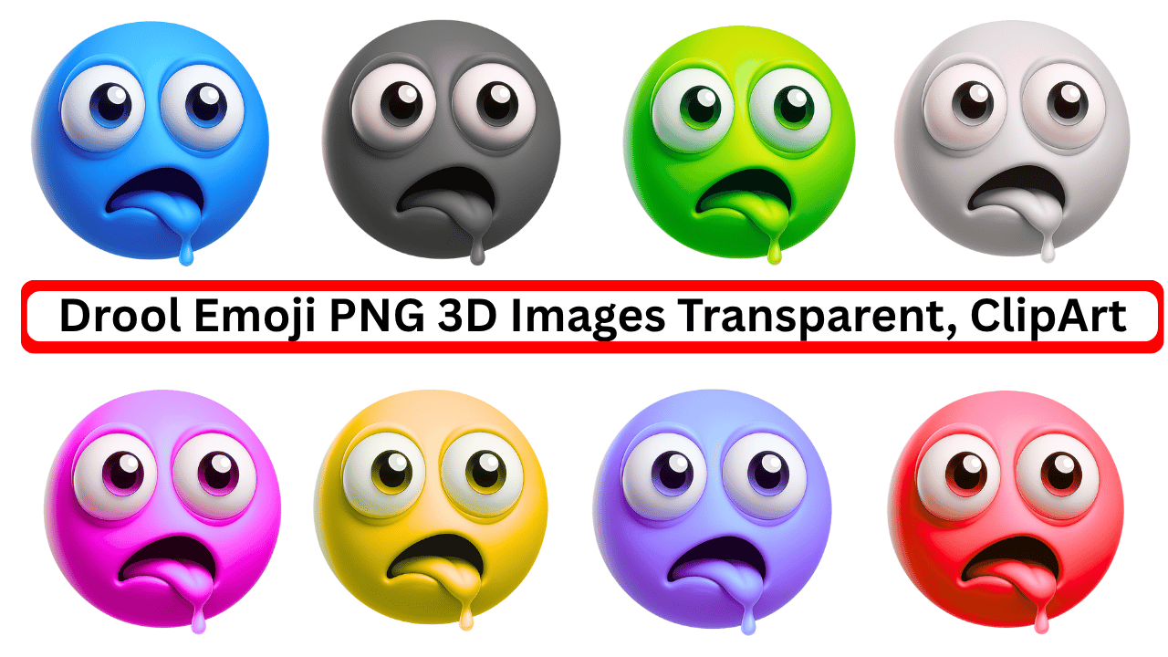 Colorful 3D drooling emojis clipart with transparent background in various vibrant shades