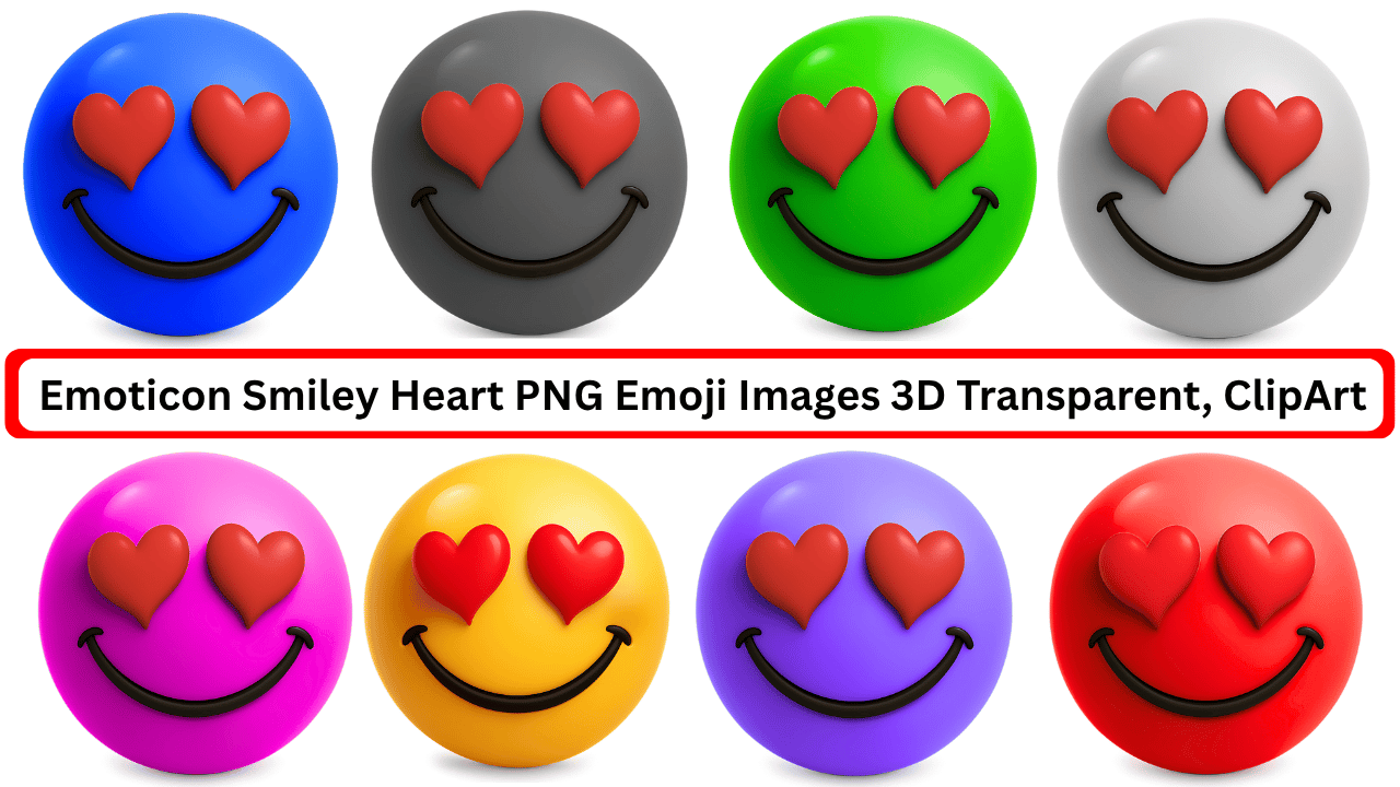 Colorful 3D smiley emojis with red heart eyes in various vibrant shades