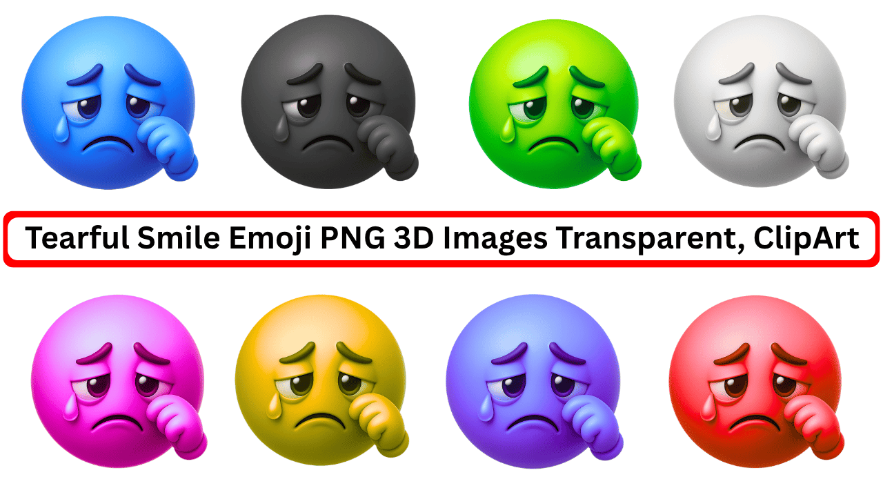 10 colorful 3D tearful crying emoji faces with different expressions and colors on transparent backgrounds