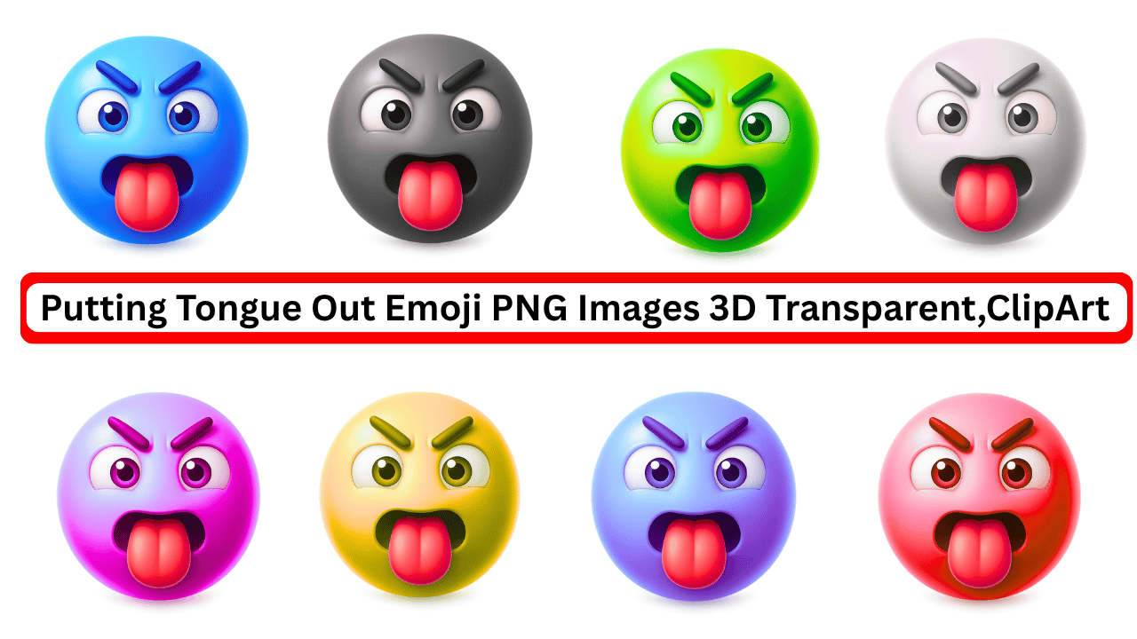 Colorful 3D emojis with angry expressions sticking tongue out, transparent background clipart
