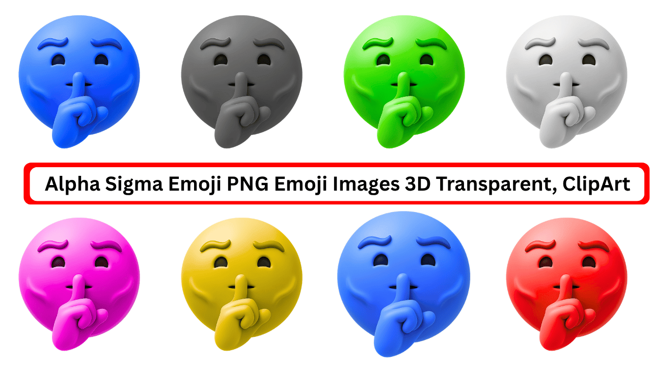 Colorful Alpha Sigma shushing face emoji PNGs in 3D style with transparent background, ideal for clipart use in digital media.
