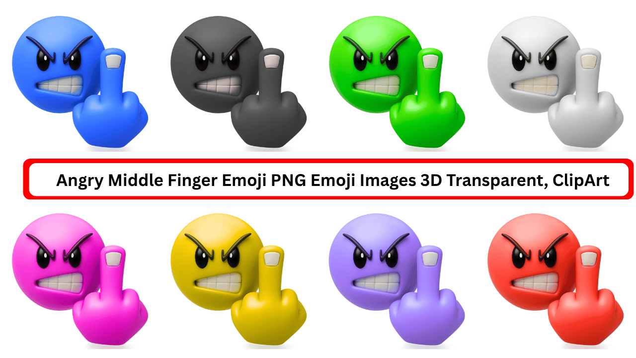 Colorful 3D angry middle finger emojis in various colors with gritted teeth on transparent background, clipart PNG collection