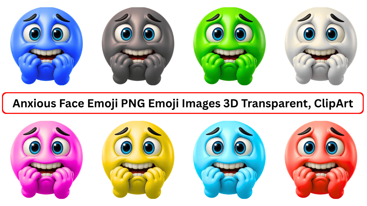Multiple 3D anxious face emojis in blue, black, green, white, pink, yellow, cyan, and red colors with scared expressions – transparent PNG clipart collection