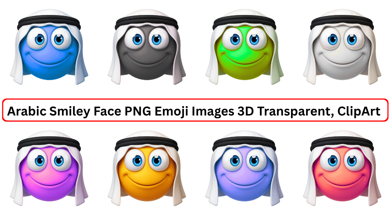3D Arabic smiley face emoji collection in various colors wearing traditional keffiyeh headwear, transparent PNG clipart