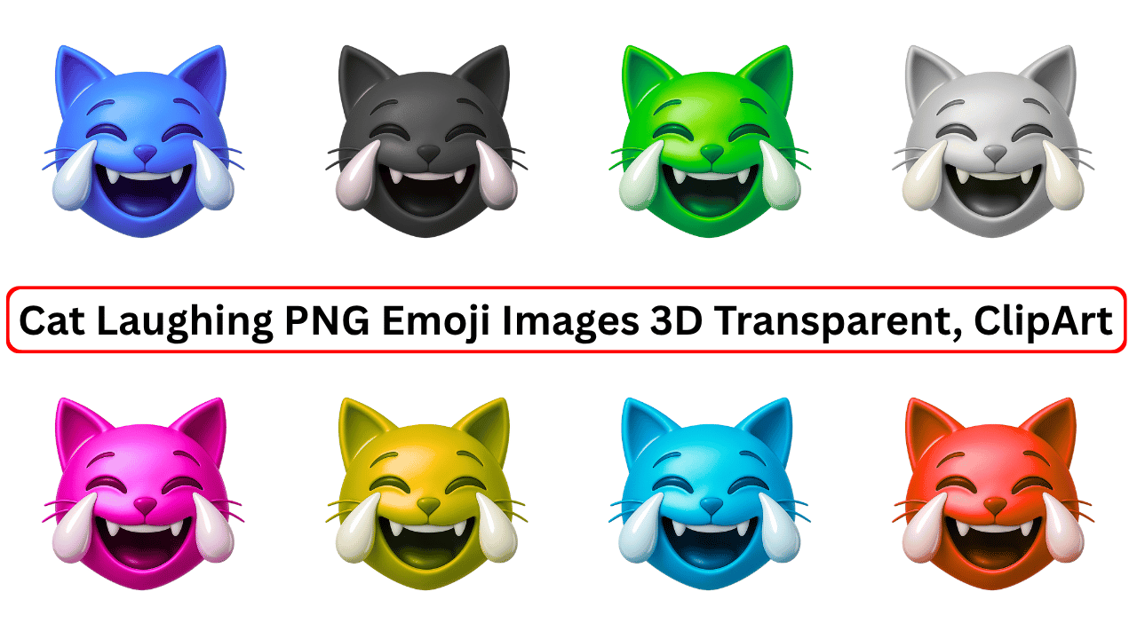Colorful 3D cat laughing emojis in blue, black, green, grey, pink, yellow, aqua, and red, each with tears of joy and open-mouthed smile on transparent background.