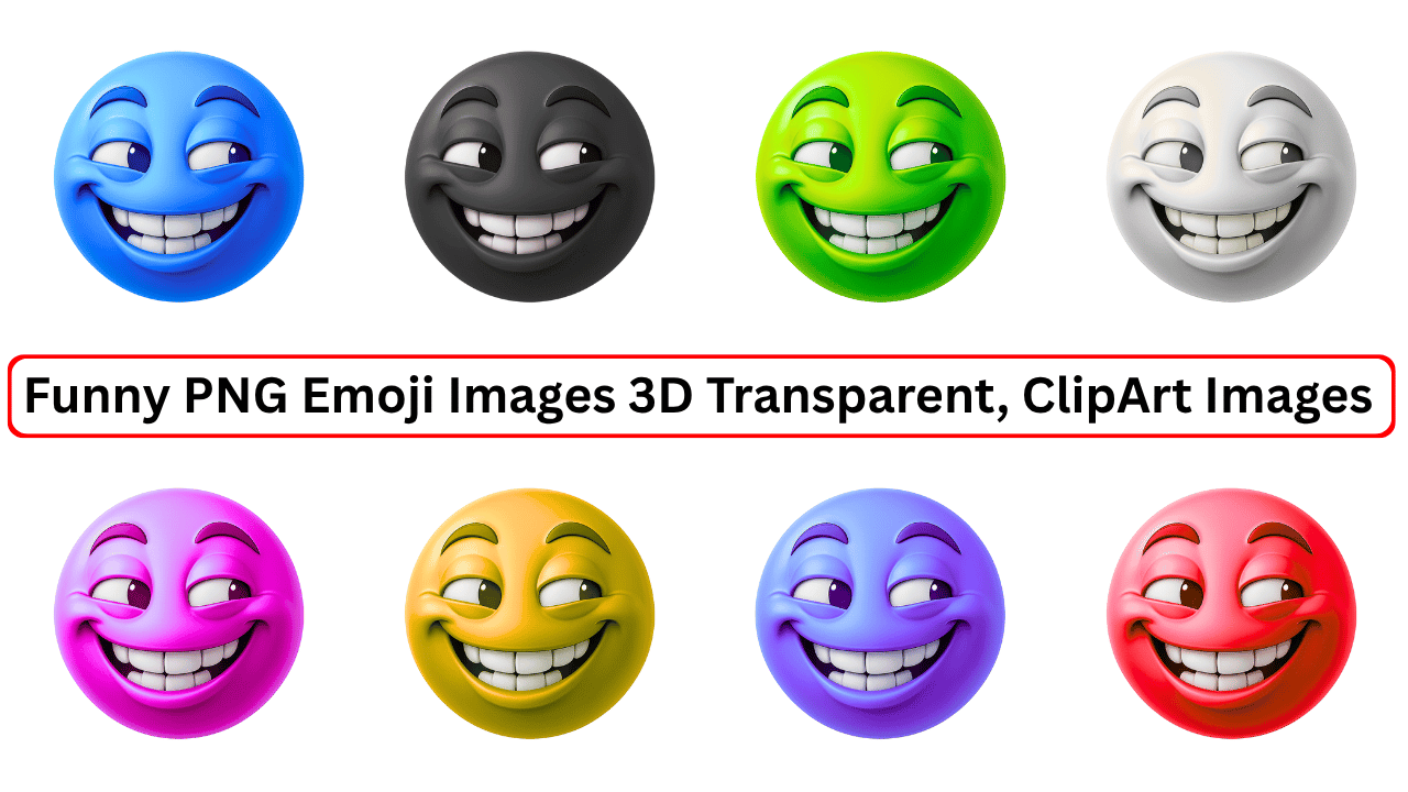 Set of colorful 3D funny emoji faces with mischievous expressions, transparent PNG clipart