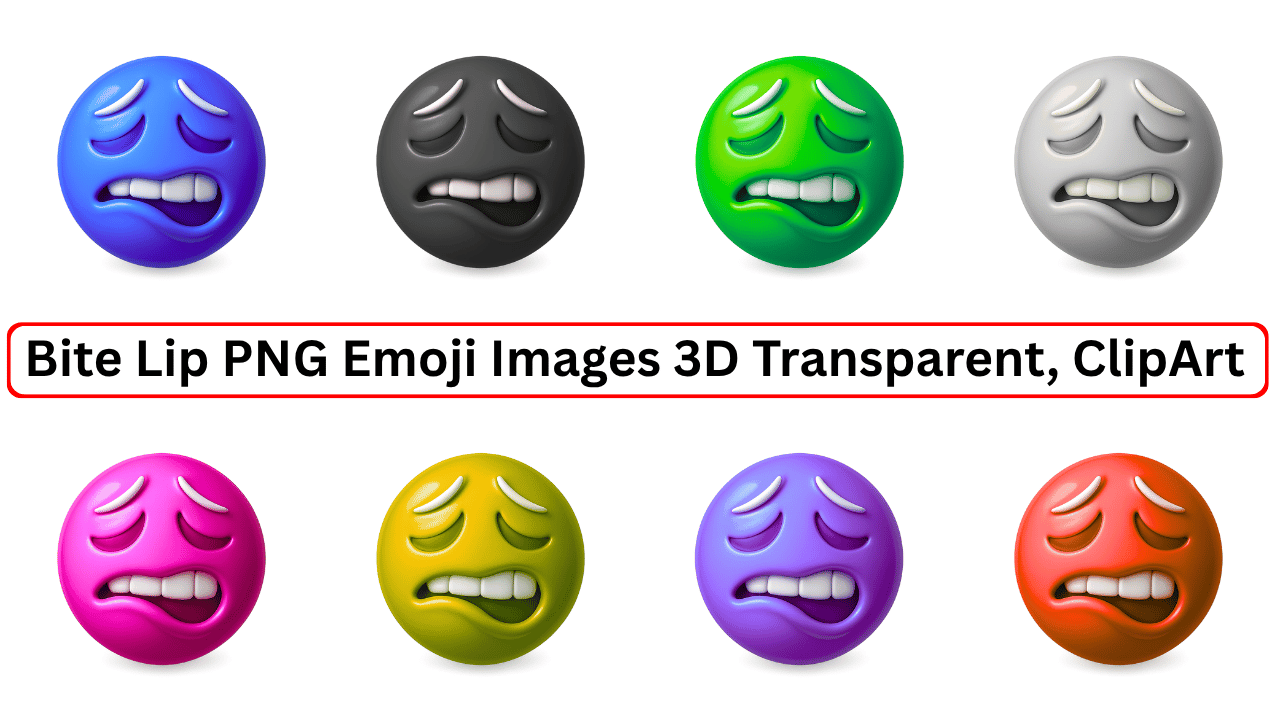 Collection of eight colorful 3D biting lip emojis expressing anxiety, nervousness, or worry, on a white background with text "Bite Lip PNG Emoji Images 3D Transparent, ClipArt