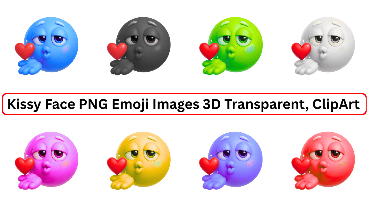 Multiple colorful 3D kissy face emojis blowing red hearts, PNG transparent clipart set