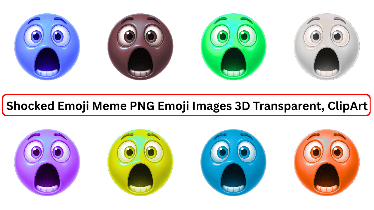 Colorful shocked emoji meme PNGs in 3D style with wide eyes and open mouths