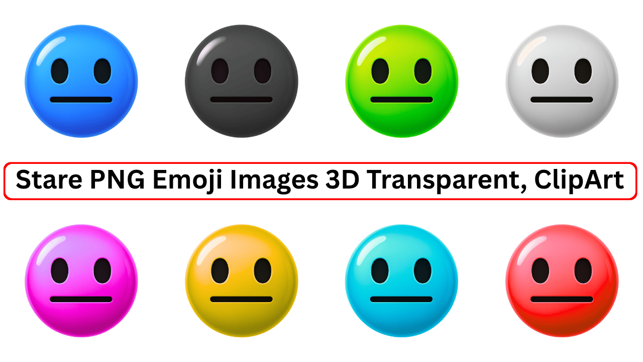 Set of 8 colorful 3D stare emoji faces in PNG format with neutral expressions and transparent backgrounds