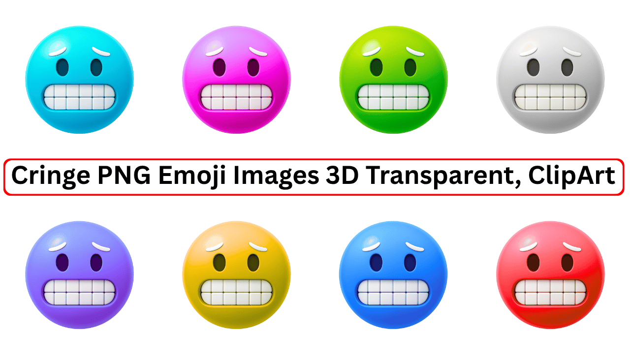 Set of 10 cringe face emojis in 3D style with gritted teeth expression, available in vibrant colors and transparent PNG format.