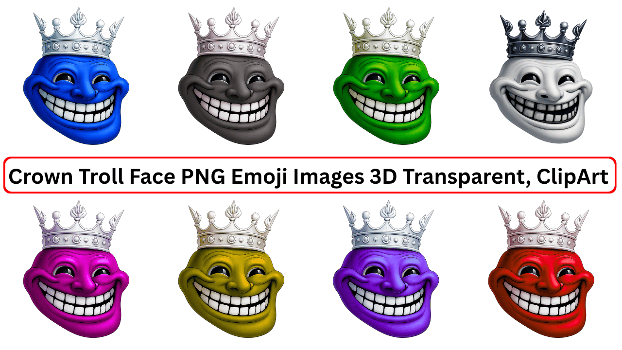 3D Crown Troll Face Emoji PNG in Multiple Colors – Transparent ClipArt Collection