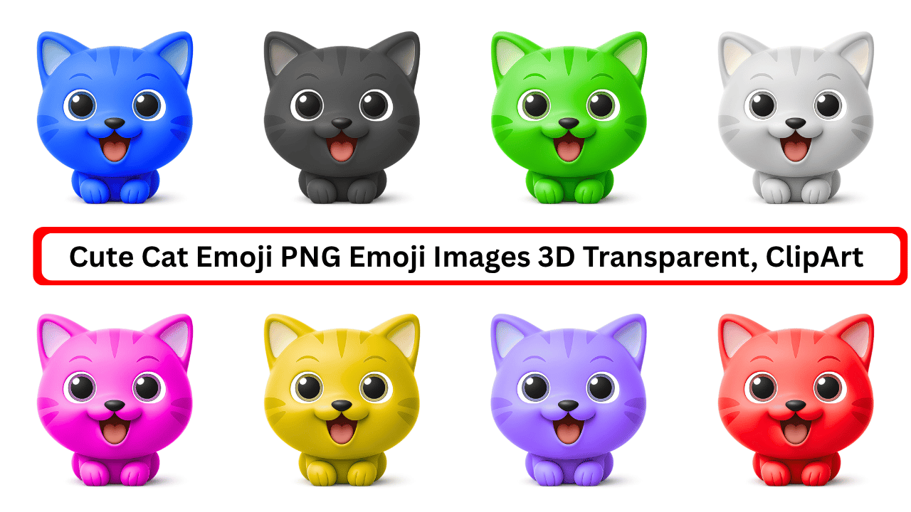 10 colorful 3D cute cat emoji PNG images in blue, black, green, gray, pink, yellow, purple, and red, with big eyes and happy expressions on a white background. Transparent background clipart bundle for crafts, digital use, and sublimation