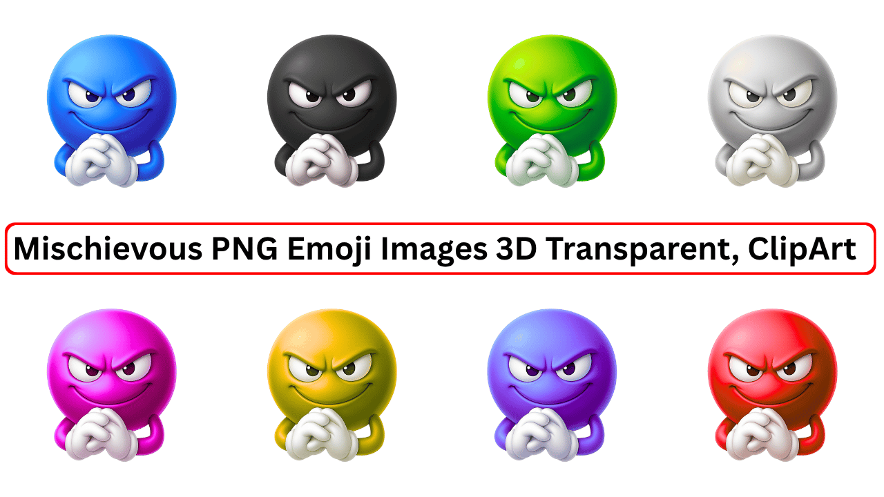 Set of 8 mischievous 3D emoji faces in different colors with smirking expressions and clasped hands, PNG transparent background