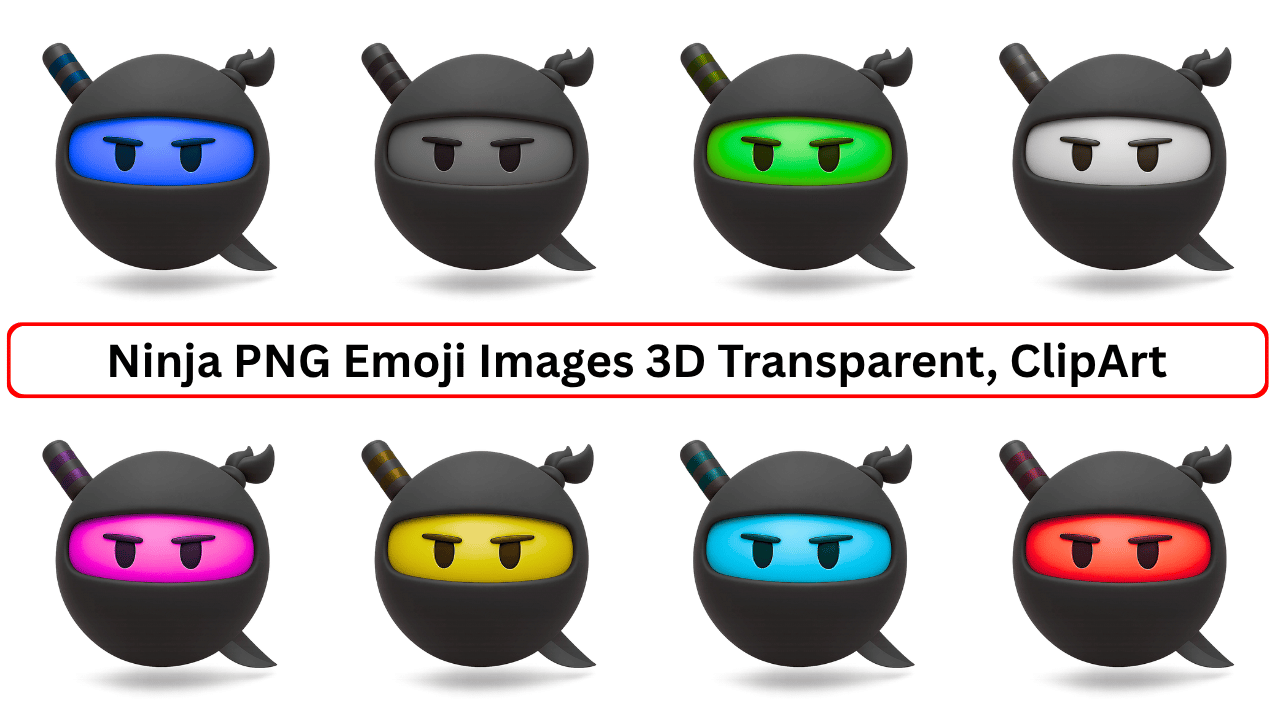 3D Ninja Emoji PNGs in various colors with transparent background and clipart style, arranged in two rows with different facial expressions.