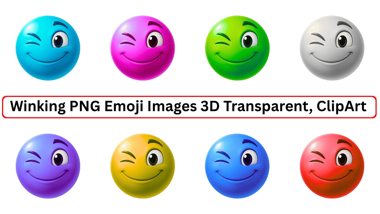 Colorful 3D Winking Emoji PNG Faces – Set of 8 Smiling Expressions with Transparent Background Clipart