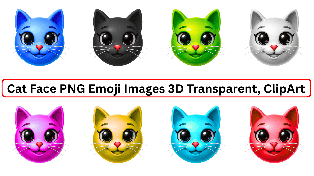 3D cat face emoji PNGs in 8 vibrant colors – blue, black, green, white, pink, yellow, cyan, and red – arranged in two rows with a bold heading, perfect for digital design or emoji collections