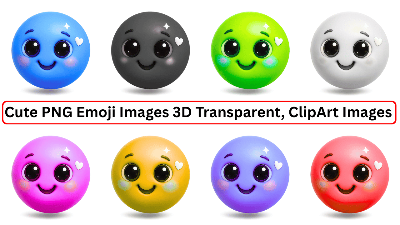 Colorful 3D emoji PNGs with cute smiling faces and transparent backgrounds, perfect for free download and personal use.