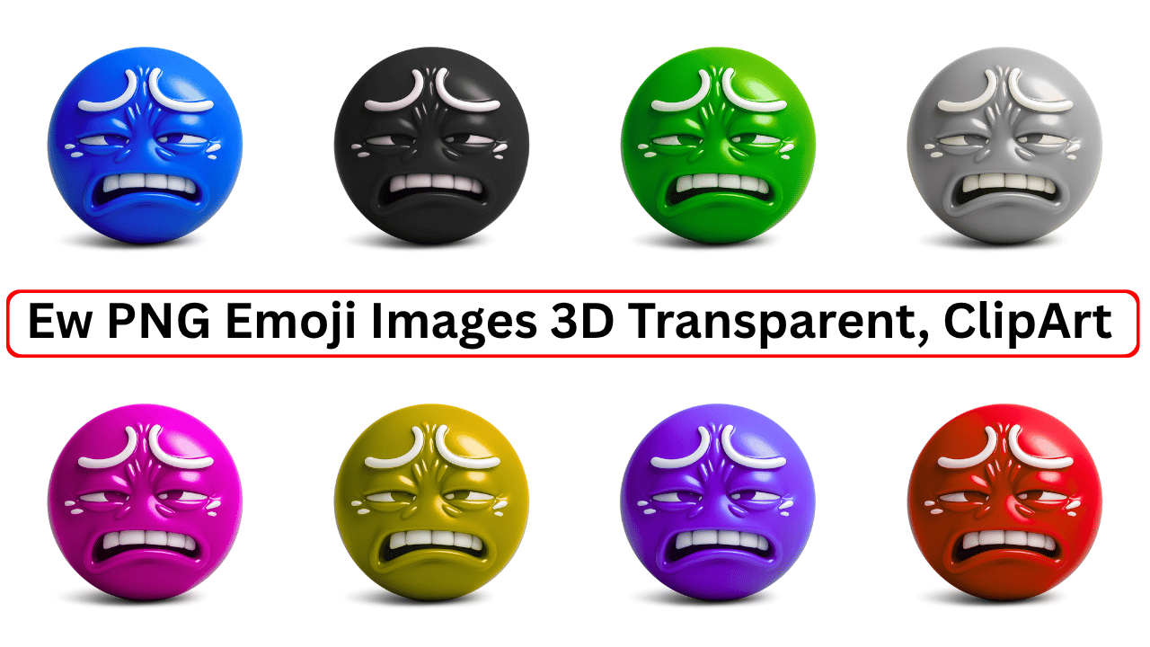 Set of colorful 3D ew emojis with disgusted expressions in blue, black, green, grey, pink, yellow, purple, and red – high-resolution PNG clipart on white background.