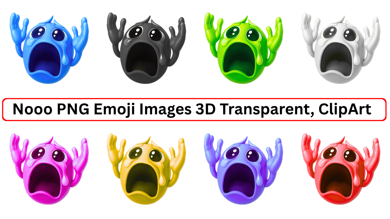 3D “Nooo!” emoji faces in 10 colors including blue, black, green, white, pink, yellow, purple, red; transparent PNG clipart pack with crying expressions