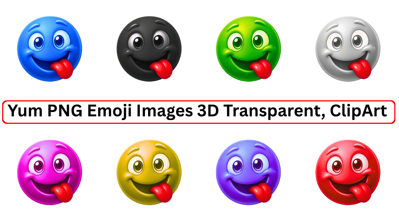 Set of 3D yum emojis with tongue out in nine different colors on transparent background