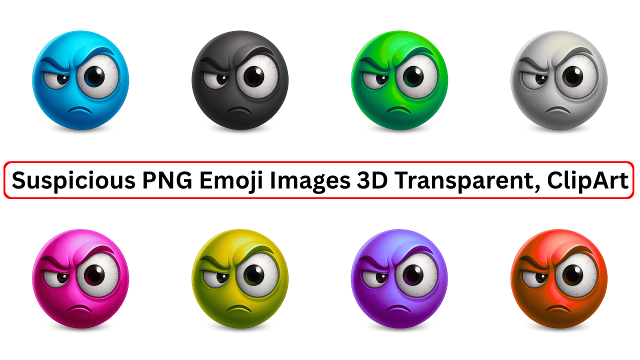 Colorful 3D Suspicious Emoji PNGs in Blue, Black, Green, Grey, Pink, Yellow, Purple, and Red – Transparent ClipArt for Free Download