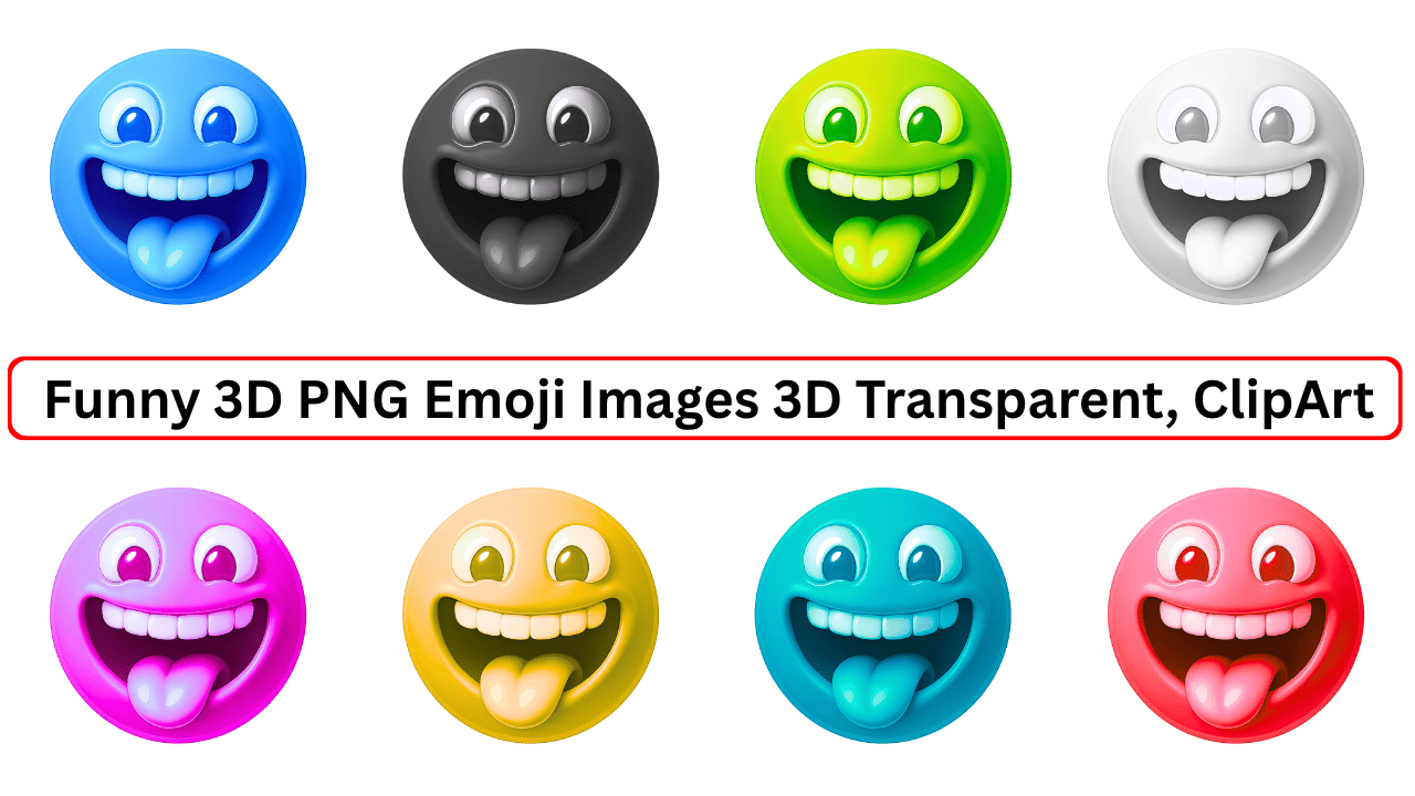 A collection of colorful funny 3D emoji PNGs with tongue out expressions in blue, black, green, white, pink, yellow, cyan, and red on a transparent background