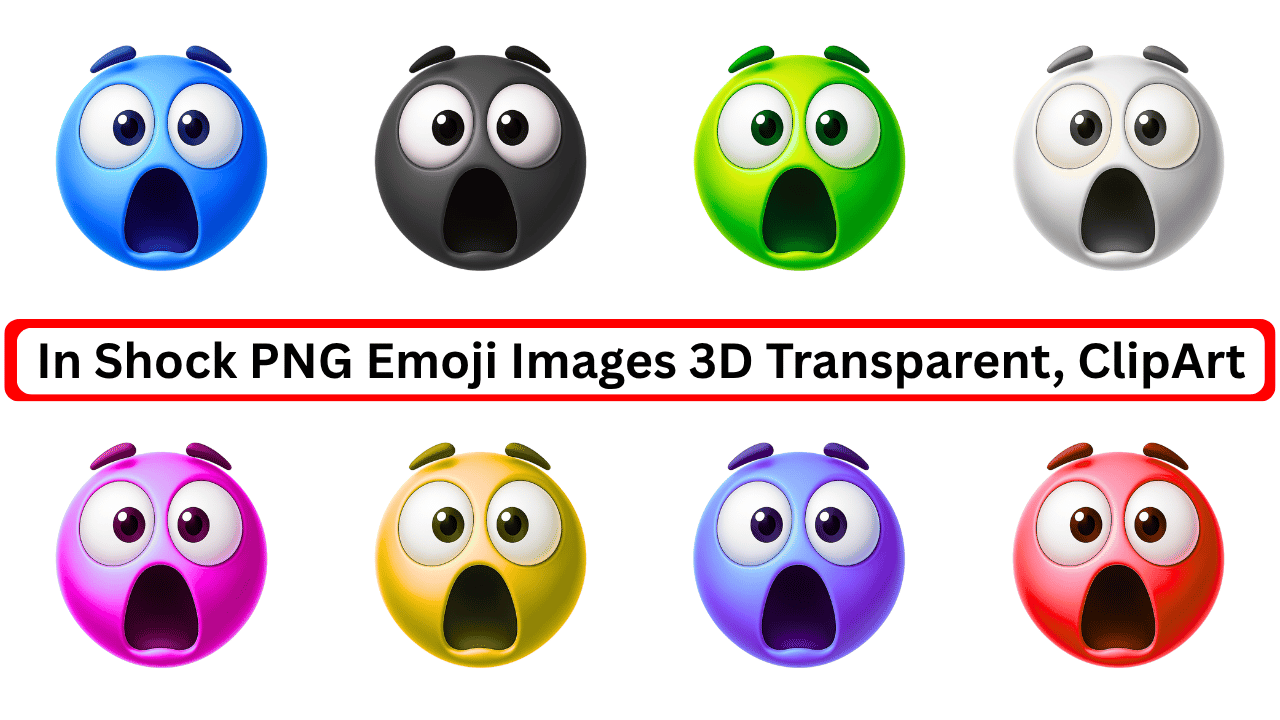 Set of 3D in-shock emojis in multiple colors with open mouths and bulging eyes, on transparent background, ideal for reactions or clipart