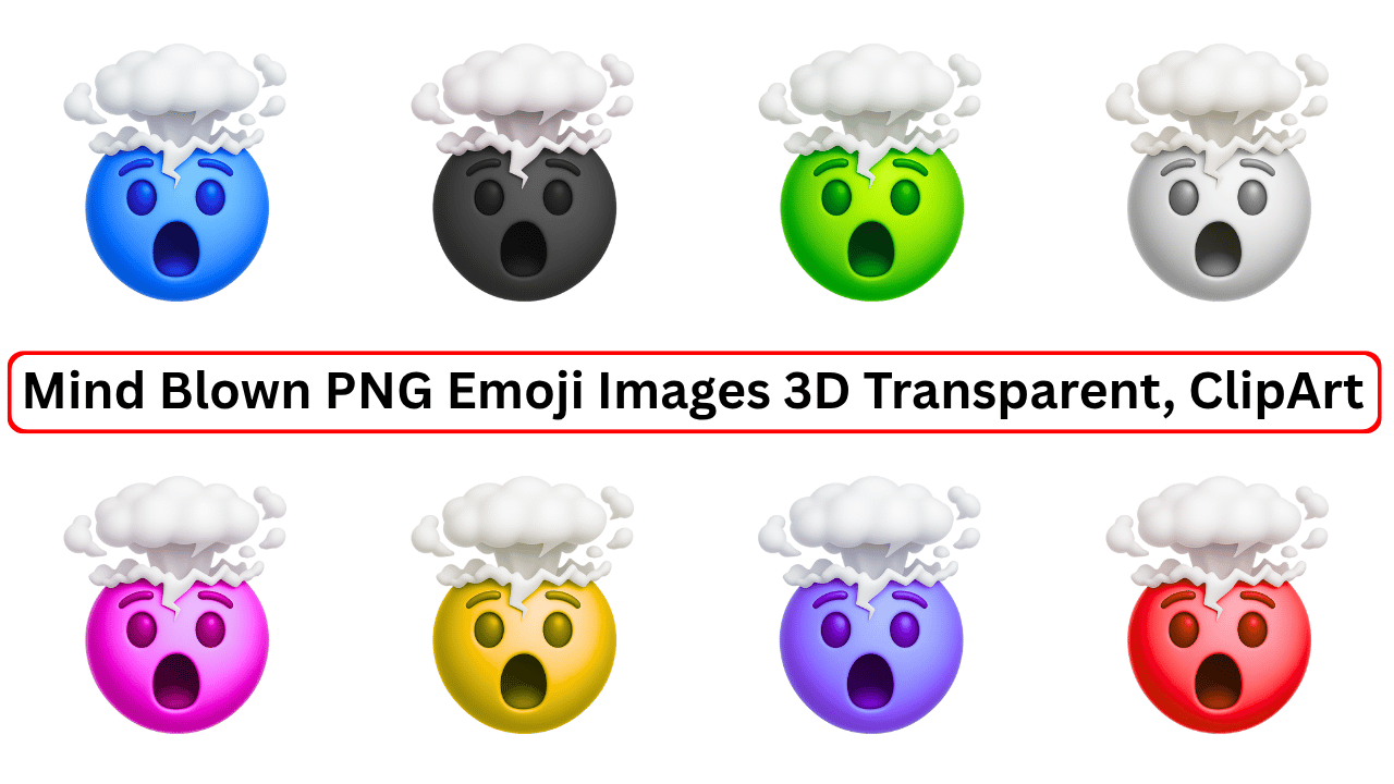 Collection of colorful 3D mind blown emojis with exploding head in blue, black, green, white, pink, yellow, purple, red – transparent PNG clipart