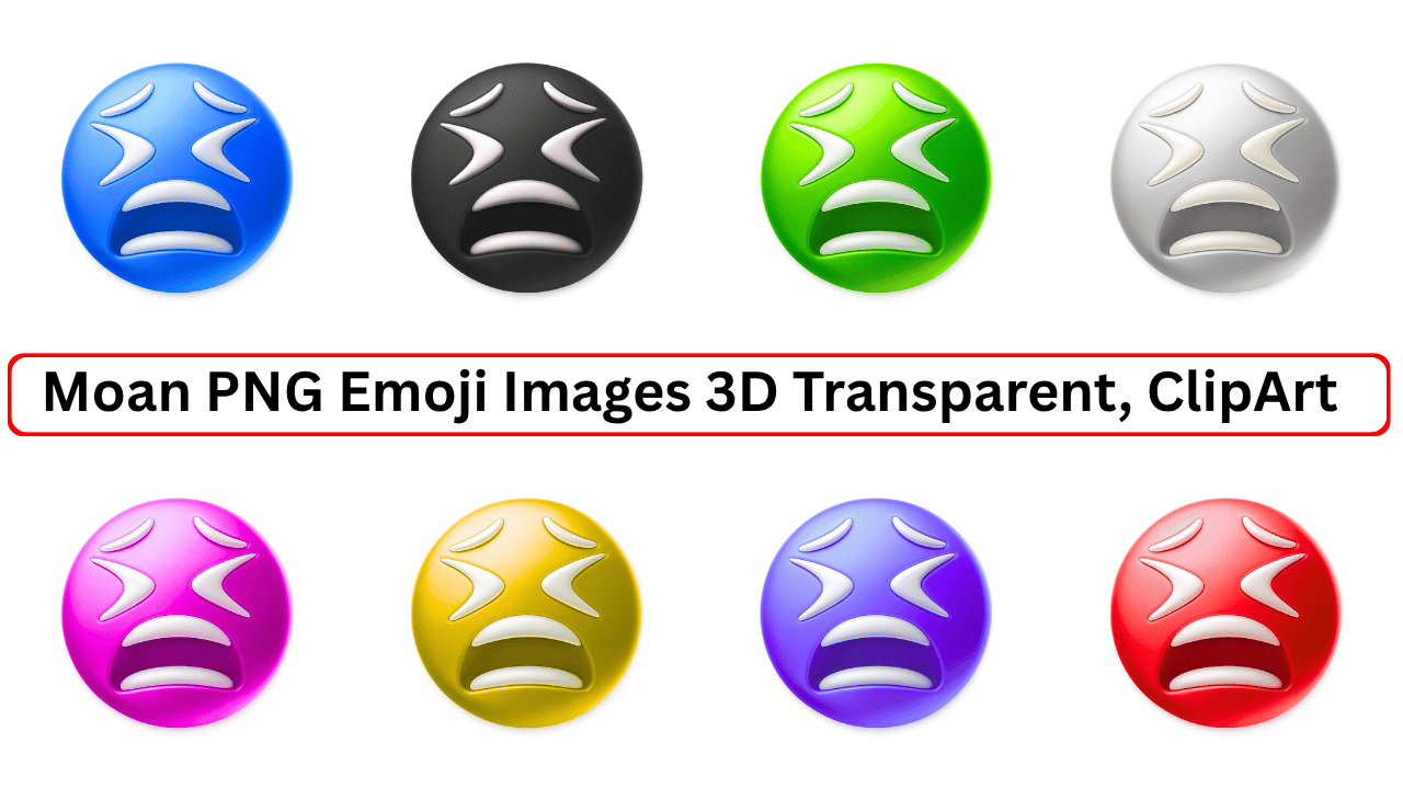 Colorful 3D moan emoji PNG set – transparent background clipart in 8 vibrant shades for digital use.