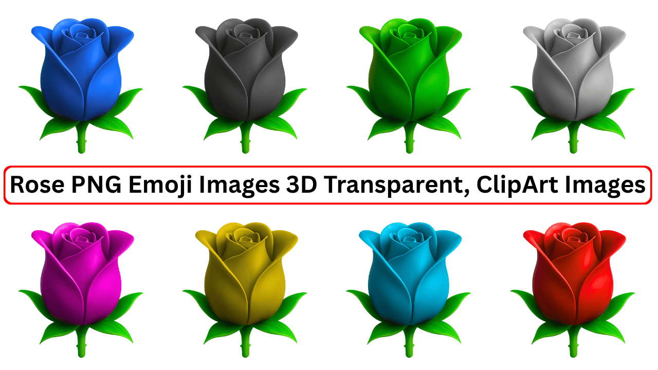 3D rose emoji PNGs in red, blue, black, green, gray, purple, yellow, and teal – clipart flowers with transparent background