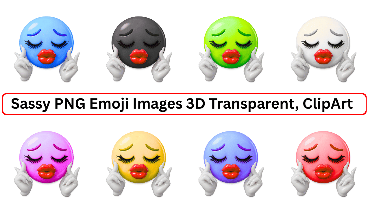 Collection of colorful sassy 3D emoji faces with kiss lips and glamorous hand poses