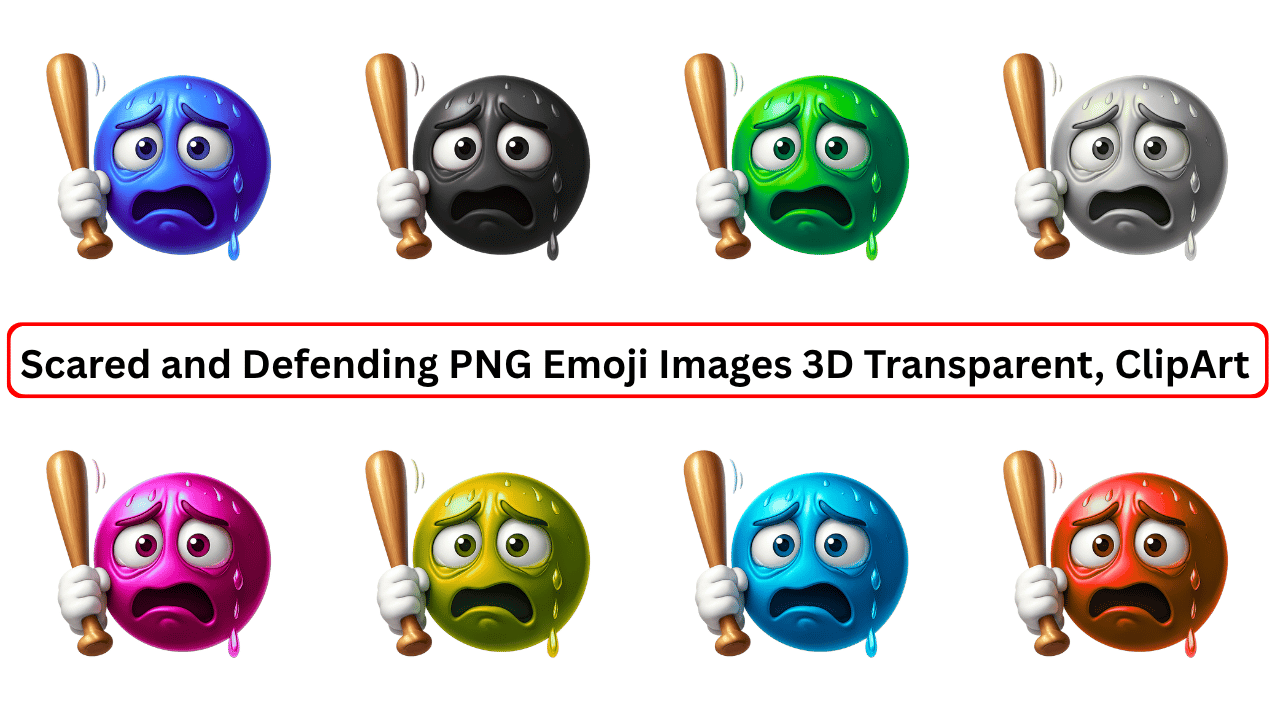 Colorful 3D scared emoji characters holding bats, sweating, and looking fearful on transparent backgrounds
