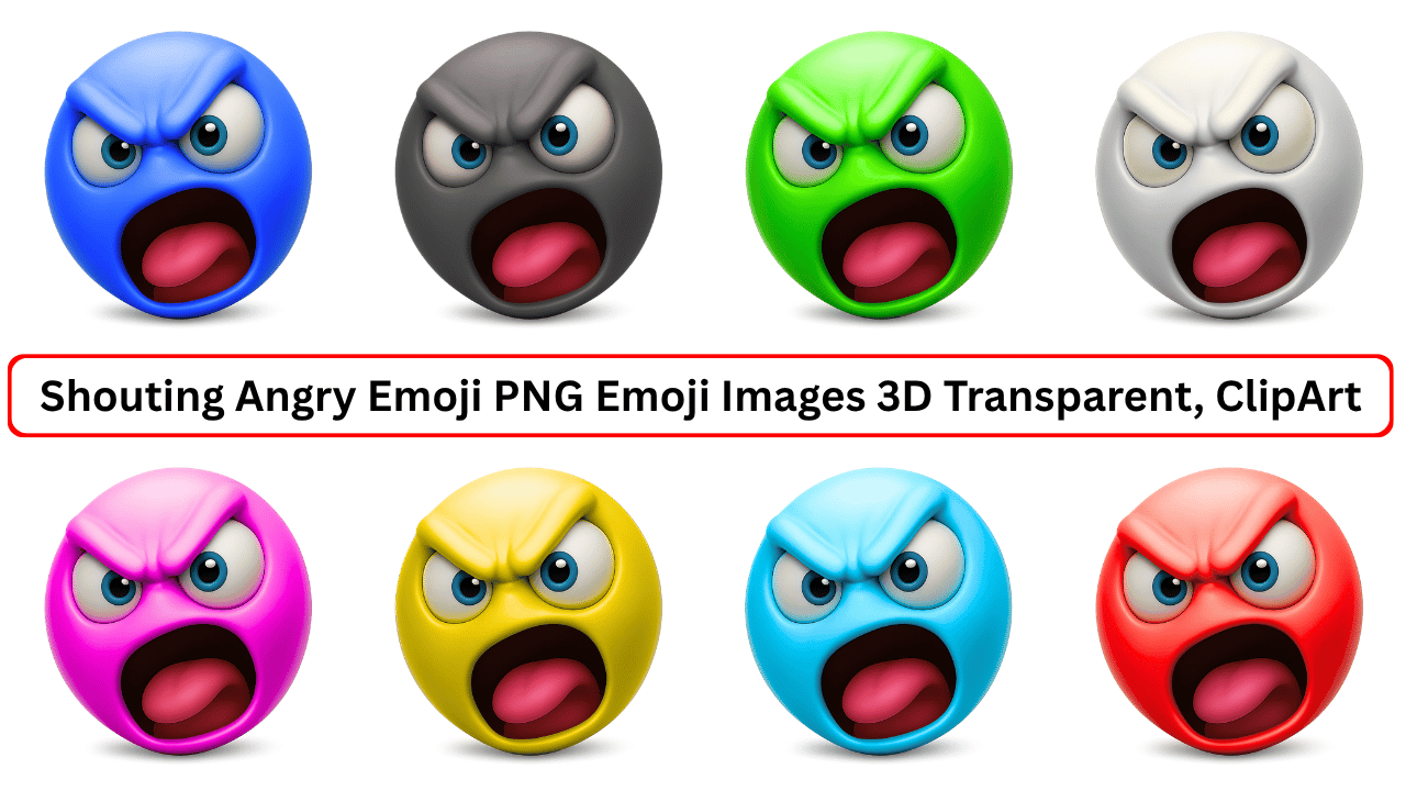 Colorful 3D shouting angry emoji faces in blue, black, green, white, pink, yellow, light blue, and red with transparent backgrounds