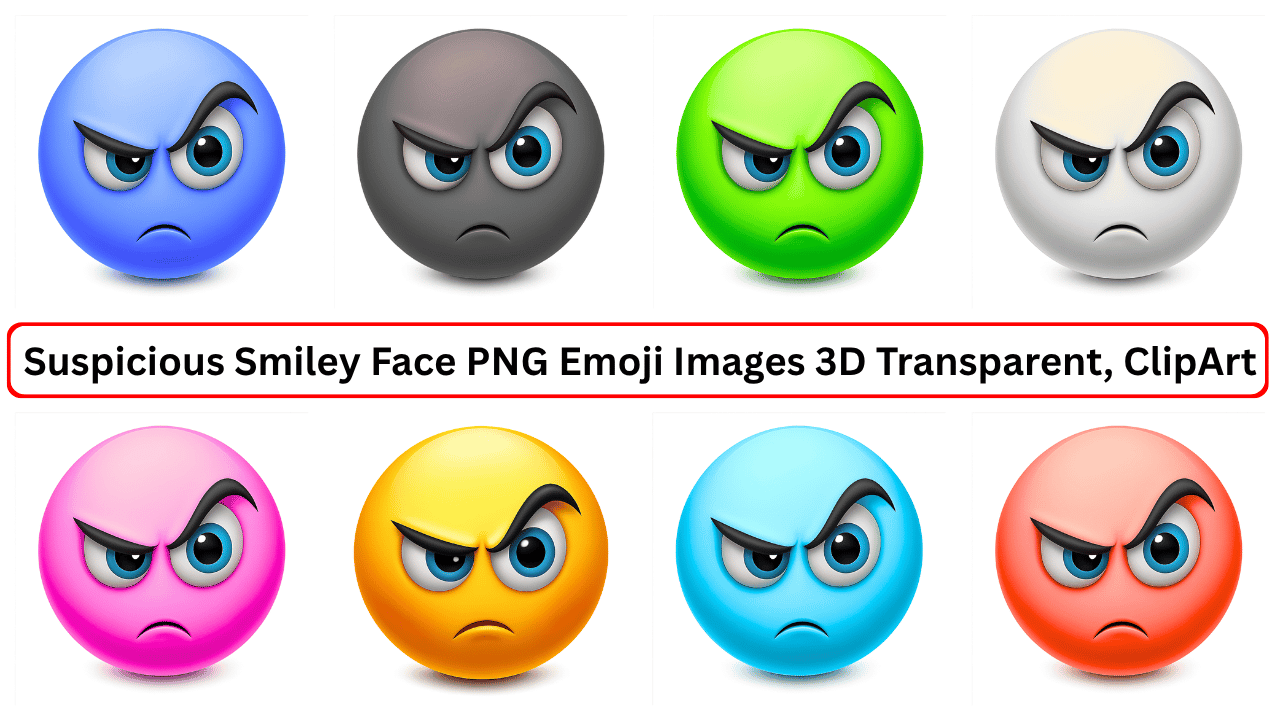 Set of 3D Suspicious Emoji Faces in Blue, Black, Green, White, Pink, Yellow, Sky Blue, and Red – Transparent PNG ClipArt
