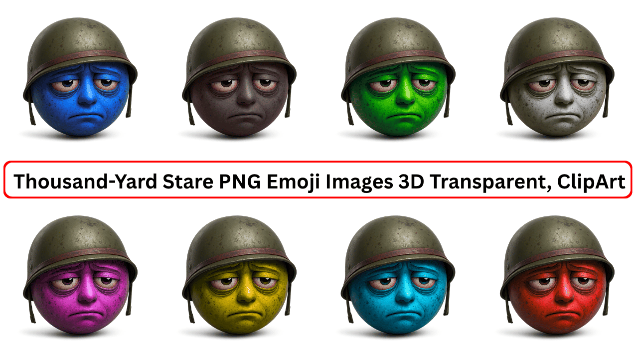 Thousand-yard stare emoji PNGs in 3D with different colors and military helmets