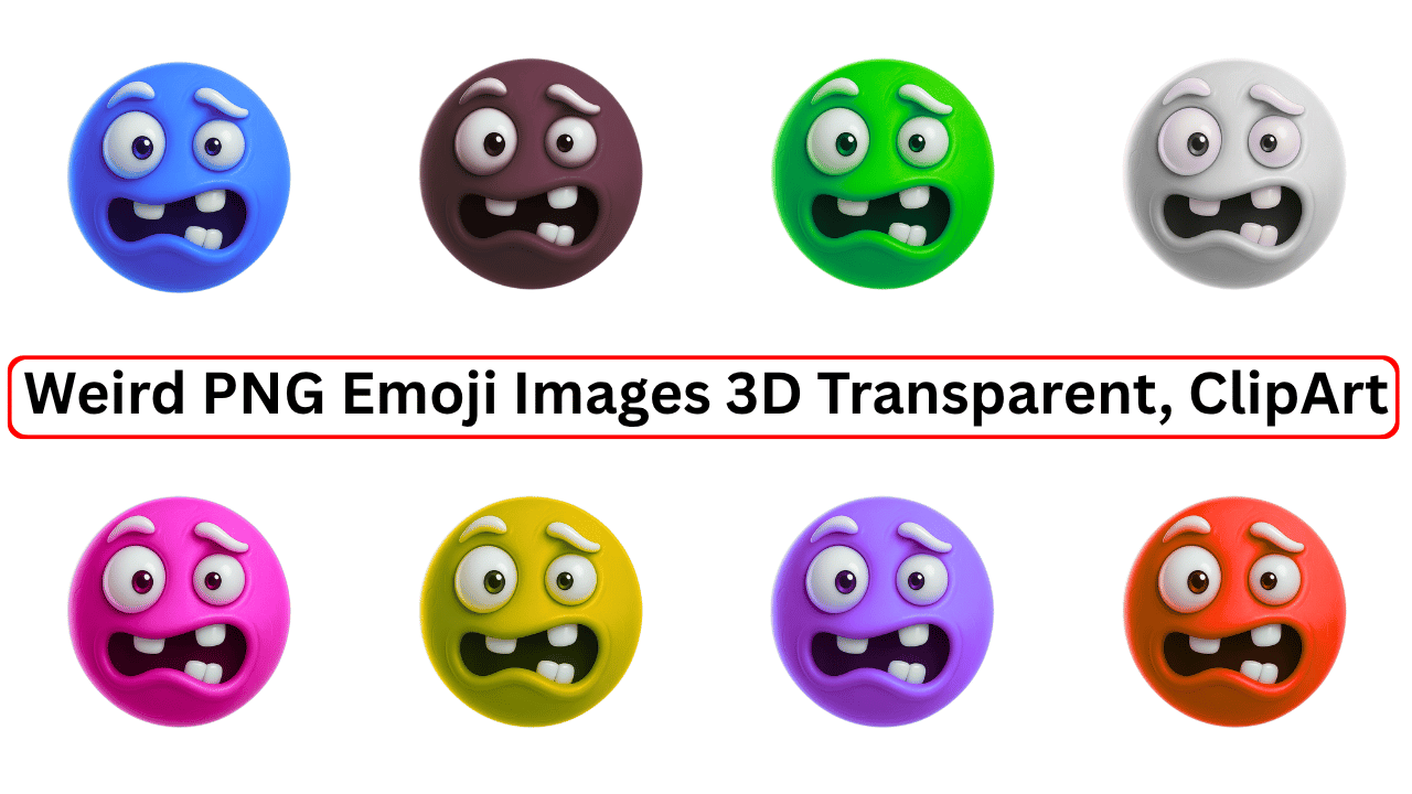 Colorful 3D weird emoji faces in various expressions and colors on transparent background