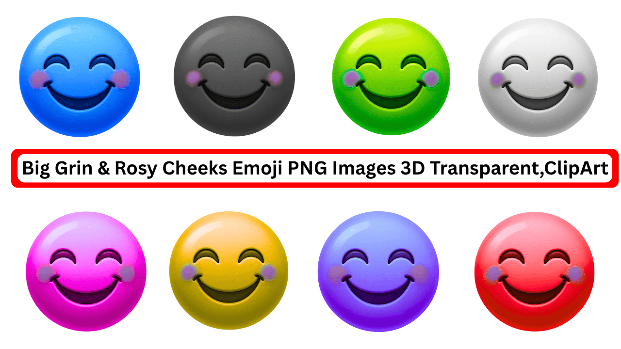 Colorful 3D big grin emojis with blushing cheeks in transparent PNG clipart pack