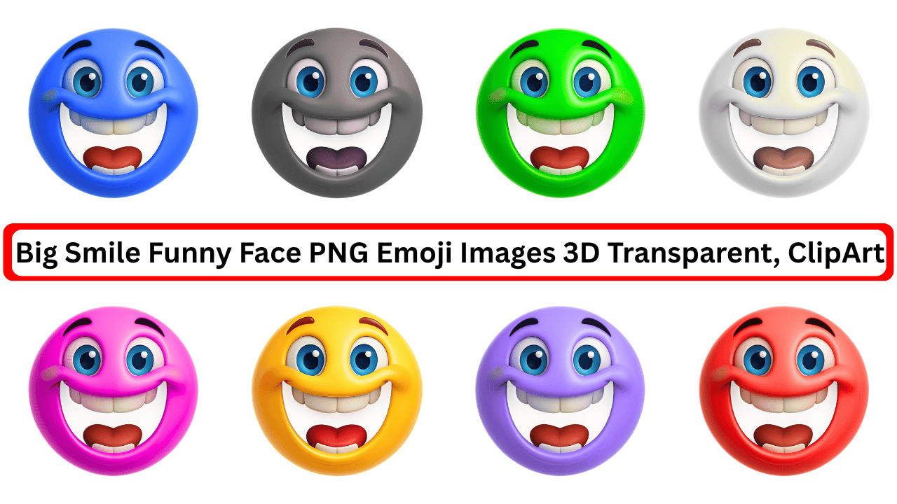 Colorful 3D emoji faces with big smiles in a clipart grid on transparent background