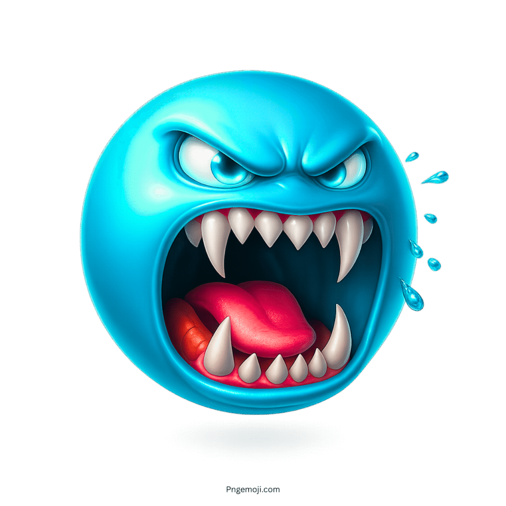 Blue angry beast emoji with fangs, wide open mouth, and fierce dripping expression