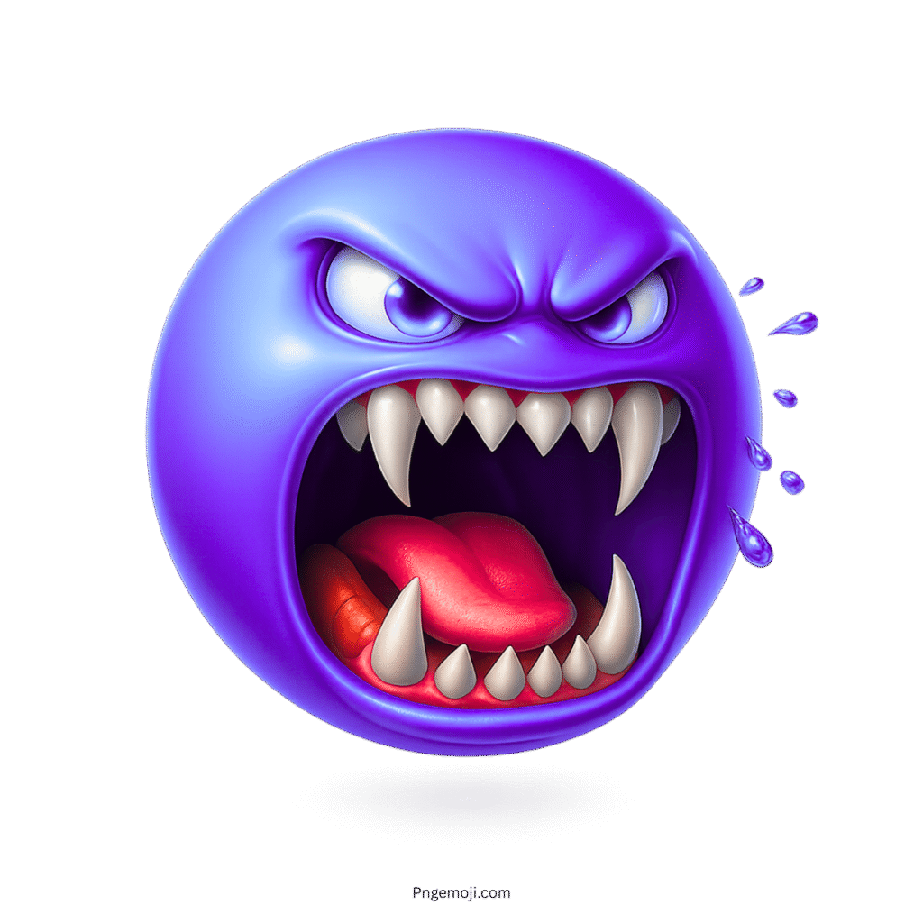 Blue-violet monster emoji with sharp fangs, angry expression, and roaring wide mouth