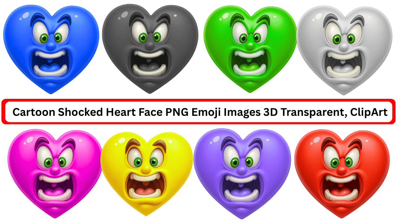 Colorful cartoon shocked heart face emoji set in 3D style with transparent background
