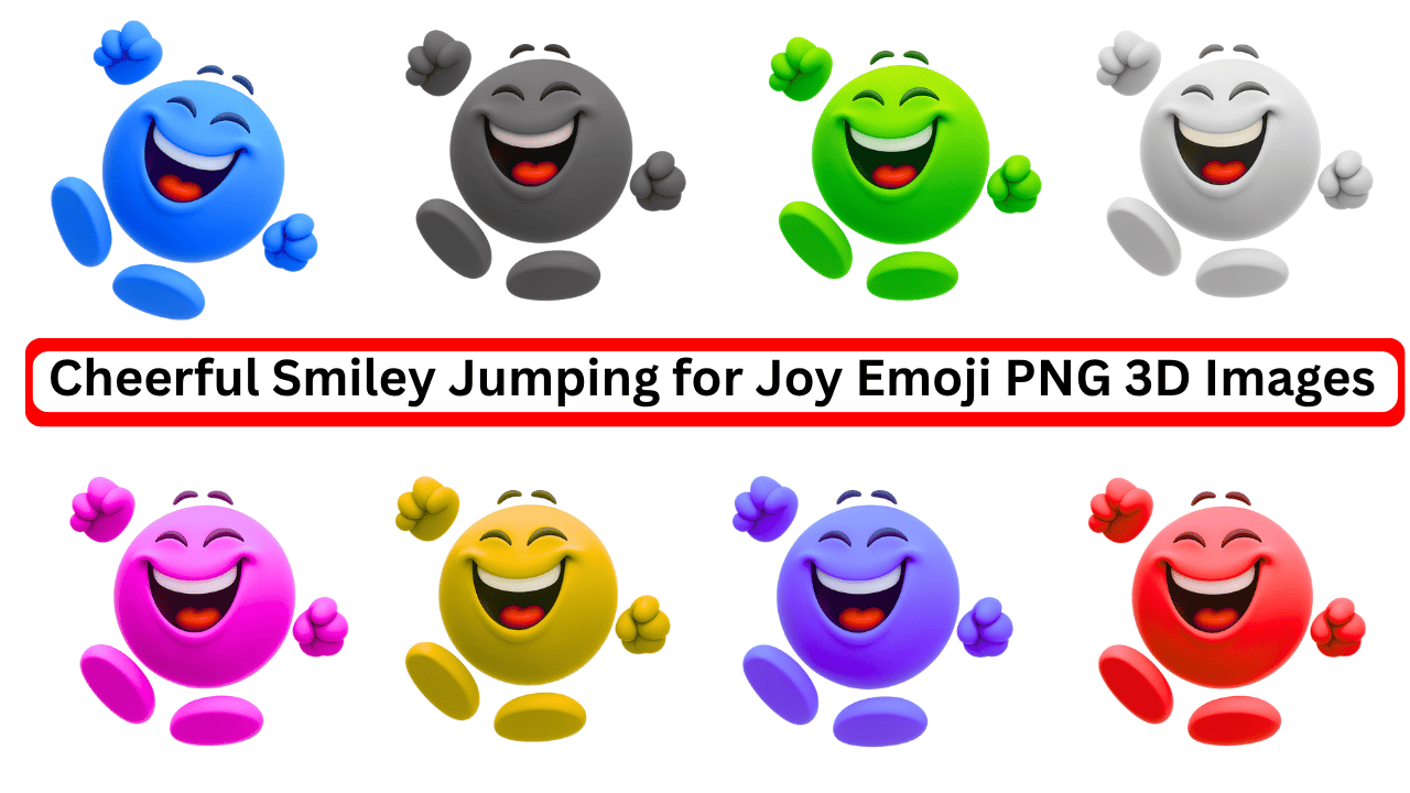 Colorful 3D cheerful jumping smiley emojis in various shades on transparent PNG layout