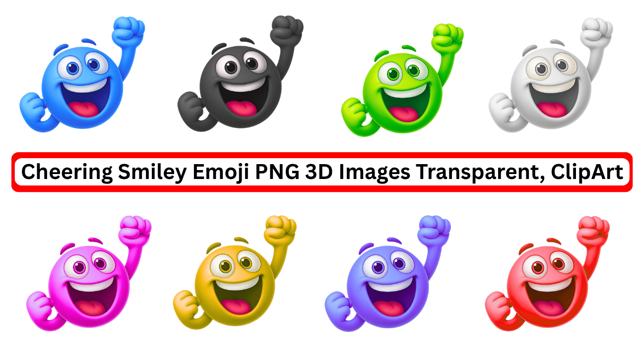 Colorful cheering smiley emojis in 3D style with transparent background clipart set
